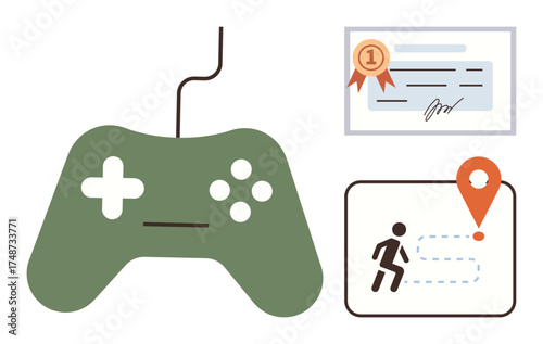 Gaming controller with certificate and route map, representing gamification, achievement, progress, strategy, motivation, learning goals, and skill-building. Ideal for education productivity simple