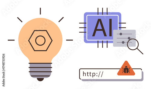 Lightbulb for innovation, AI chip with sliders and magnifying glass for artificial intelligence and data processing, and a bug warning in a URL bar for cybersecurity concerns. Ideal for AI