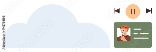 Cloud element with media controls for play, pause, and skip, alongside a user profile card. Ideal for technology, streaming, networking, data security media user personalization. Simple flat