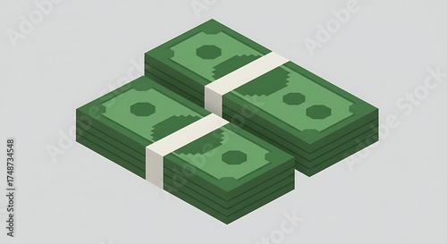 An isometric pixel art image of three stacks of green money notes with white stripes, in an 8-bit or 16-bit game style, on a light gray background.