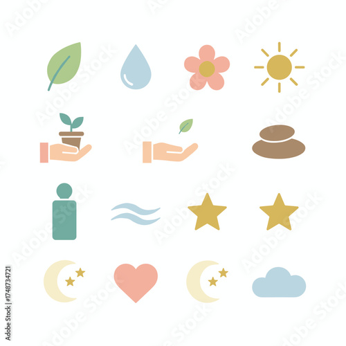 A collection of flat‑design icons featuring beauty and nature themes for use on websites, print and promotional materials, web and mobile services, and apps, tailored for cosmetics, healthcare, spa