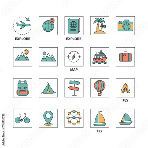 Contemporary minimalist line icons for travel and tourism, a premium outline symbol set for web, graphic design, and mobile apps, featuring mono‑linear pictograms, infographics, and web elements