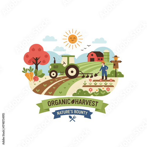Vector illustrations featuring rural motifs for web banners, backgrounds, posters, cards, business presentations, and marketing materials, celebrating organic farming, agriculture, and gardening