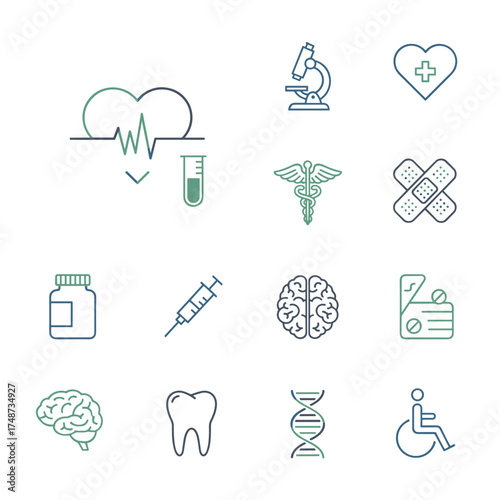 A collection of contemporary thin‑line vector icons for healthcare and medicine, along with modern vector logo pictograms and infographic design elements, suitable as an outline icon set for websites