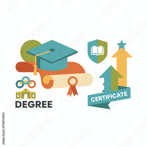 A flat‑design web banner showcasing education, university degrees, and certificates, paired with a vector illustration concept for web design, marketing, and print materials
