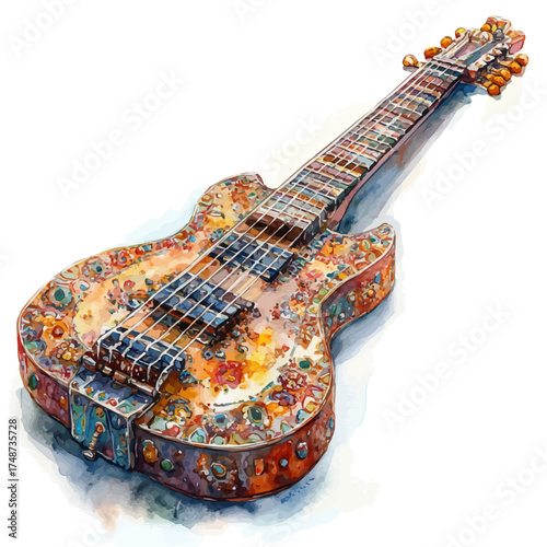 Sitar, watercolor illustration vector, isolated on a white background.
