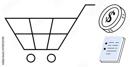 Shopping cart beside dollar coin and receipt, symbolizing consumerism, transaction, finance, ecommerce, retail, budget planning, and sales. Ideal for commerce simplicity modern business themes