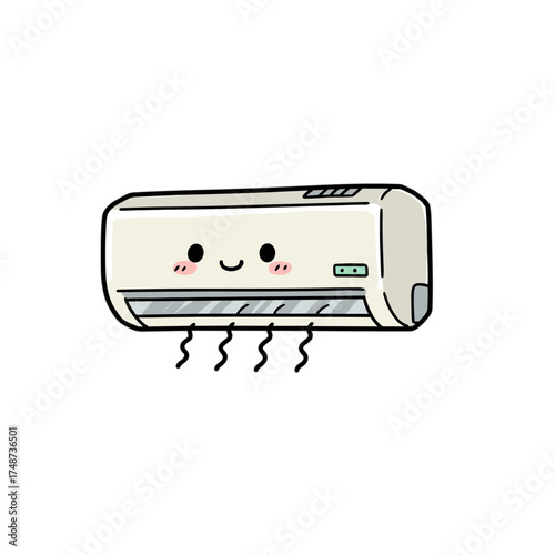 Cute air conditioner doodle with a happy face on a white background