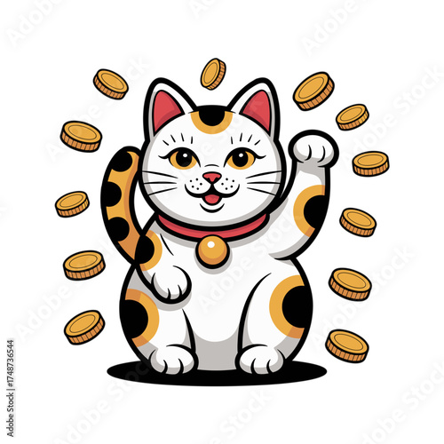 Lucky cat figurine with coins in a hand-drawn illustration
