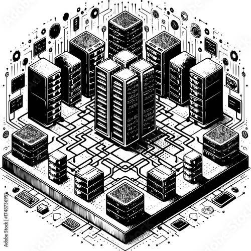 Digital Data Hub: A detailed illustration showcasing the core of data processing, visualizing the interconnected network of servers, data storage, and circuit. 