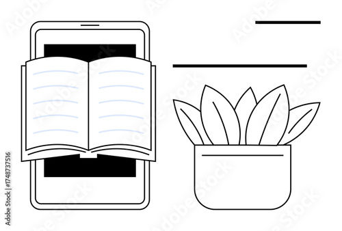 Open book placed over a tablet beside a potted plant. Ideal for digital education, learning, technology, reading, productivity, balance, eco-friendly concepts. Simple flat metaphor