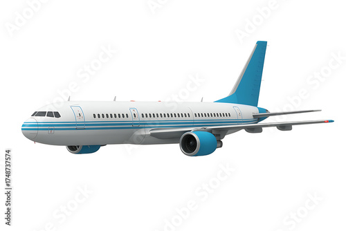 White passenger airplane with blue accents soars through the sky, representing travel and transportation.