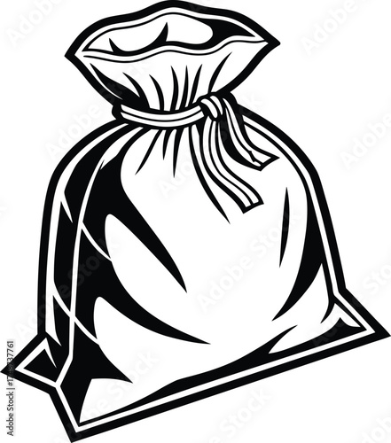 Black silhouette of a drawstring bag filled with contents isolated on white background