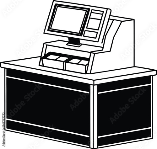 Black silhouette of a cash register on a wooden counter isolated on white background