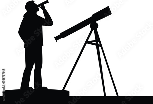 Silhouette of a person looking through a telescope isolated on white background