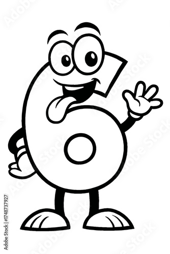 Happy Cartoon Number Six Character - Smiling Mascot with Tongue Out and Waving Hand Line Art