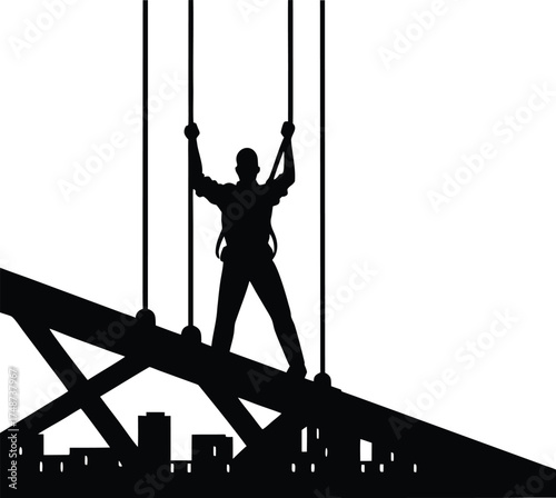 Silhouette of a construction worker on a steel beam isolated on white background