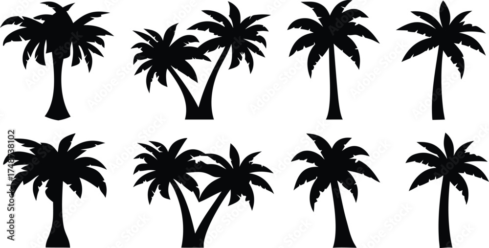 Fototapeta premium Collection of various palm tree silhouettes isolated on white background