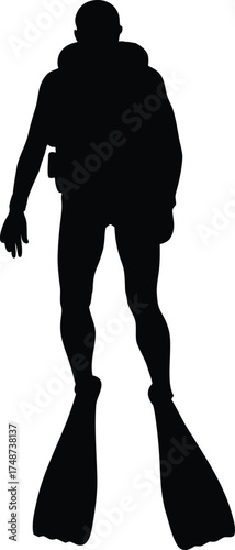 Silhouette of a scuba diver with flippers isolated on white background