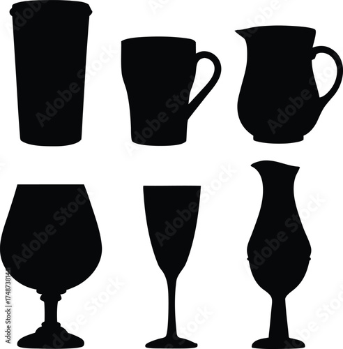 Collection of six different drinking glasses and pitchers in silhouette isolated on white background