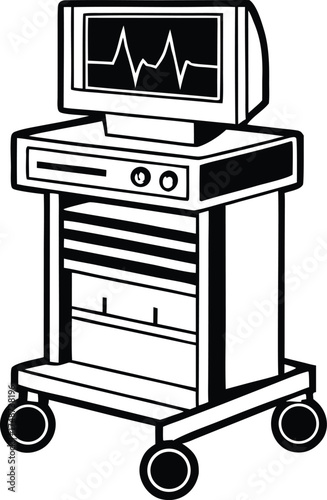 Medical monitor on rolling cart silhouette isolated on white background