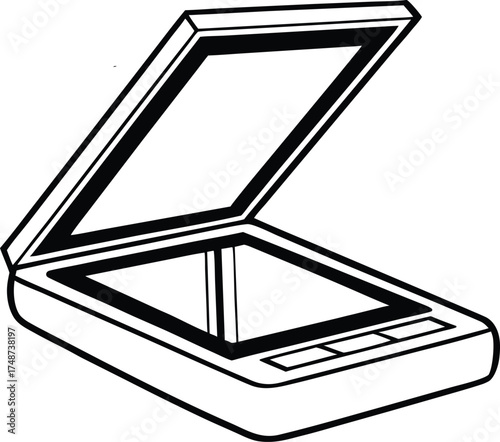 Illustration of an open flatbed scanner silhouette isolated on white background