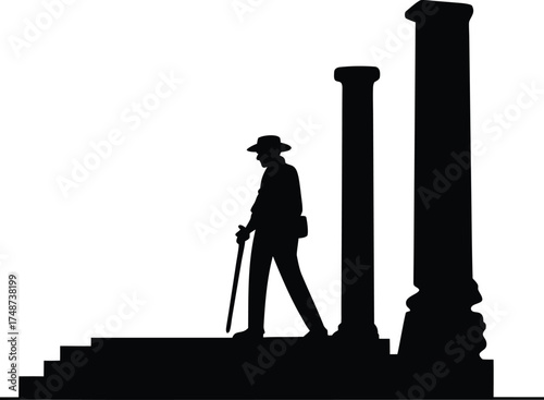 Adventurer silhouette with walking stick among ancient columns isolated on white background