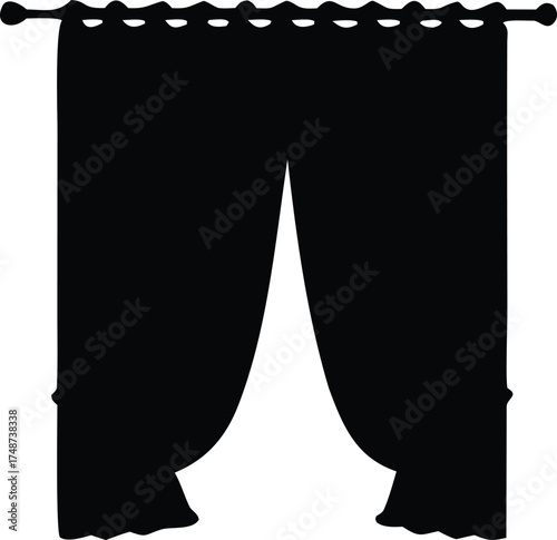 Black silhouette of draped curtains hanging from a curtain rod isolated on white background silhouette