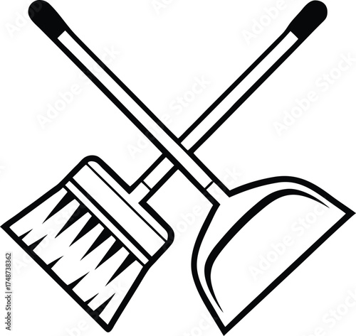Crossed broom and dustpan cleaning tools silhouette isolated on white background