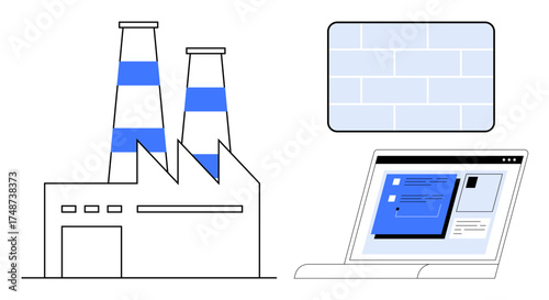 Factory with twin smokestacks, digital laptop screen displaying information, and a brick wall pattern. Ideal for industry, technology, sustainability, digital innovation, production, energy