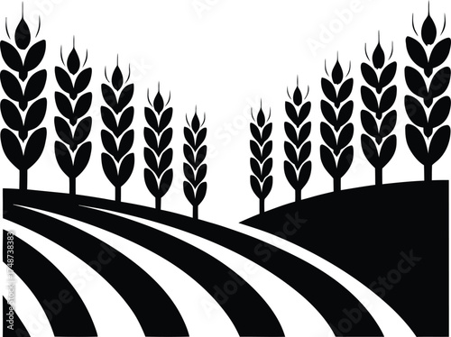 Black silhouette of wheat field rows and stalks isolated on white background