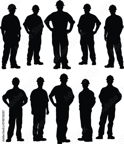 Group of construction workers in silhouette isolated on white background