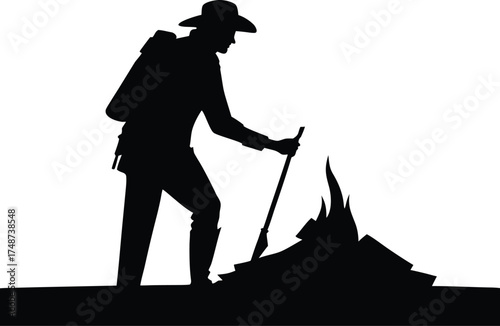 Silhouette of a hiker with a backpack and trekking pole on a white background isolated on white background