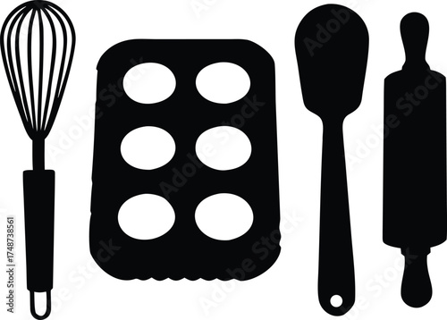 Collection of baking tools including a whisk muffin tin spatula and rolling pin silhouette isolated on white background