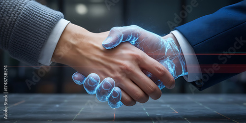 Futuristic handshake with digital network overlay, symbolizing technology, collaboration, and agreement.