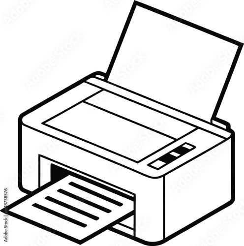 Black and white silhouette of a printer with paper coming out isolated on white background