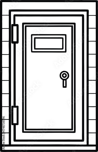 Illustration of a heavy steel vault door with a small window silhouette isolated on white background