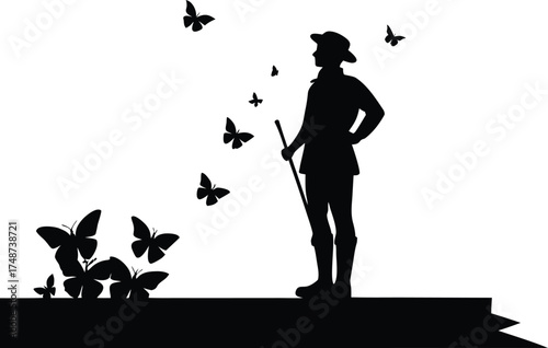 Man in historical clothing with a walking stick surrounded by butterflies silhouette isolated on white background