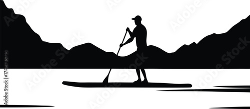 Man paddleboarding on a lake with mountains in the background silhouette isolated on white background