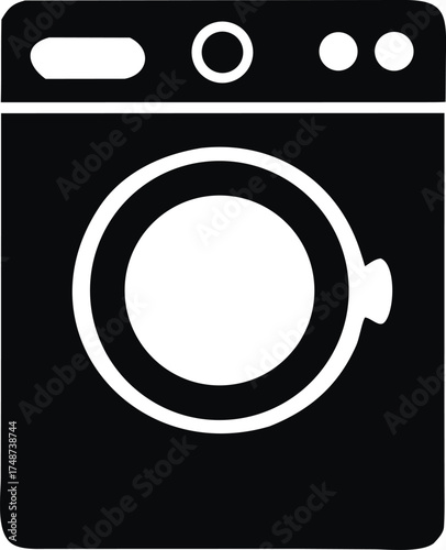 Black silhouette of a front loading washing machine isolated on white background
