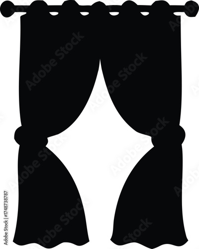 Black silhouette of elegant curtains with tiebacks isolated on white background
