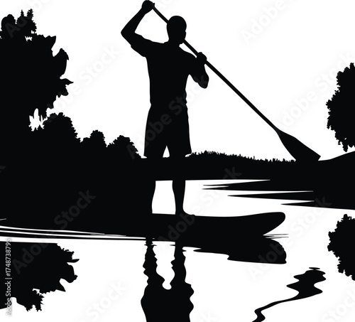 Man paddleboarding on a lake at sunset silhouette isolated on white background