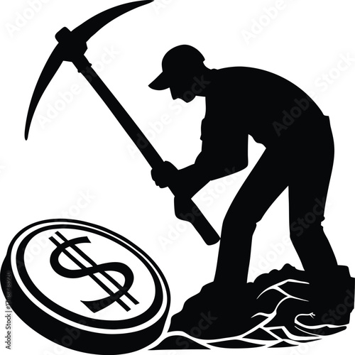 Silhouette of a miner digging for money isolated on white background