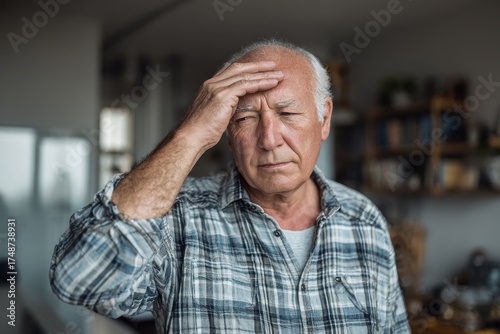 Elderly man in distress pressing his forehead at home
