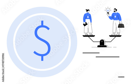 Dollar sign beside male and female figures on a scale balancing ideas, career, and business. Ideal for finance, career development, decision-making, equality, investment balance budgeting. Simple
