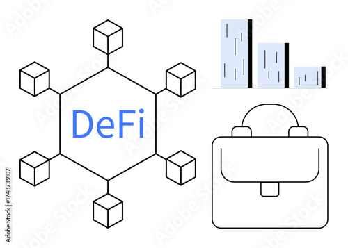 Decentralized finance setup featuring blockchain nodes, financial growth chart, and portfolio briefcase. Ideal for finance, blockchain, cryptocurrency, investment, growth, technology business