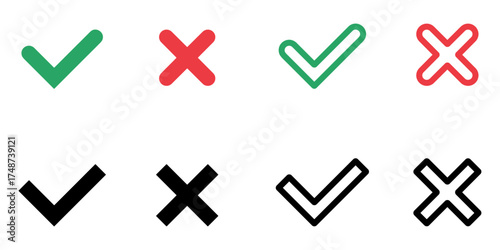 checkmark and X mark icon. check and uncheck icon vector. validation icon vector. for apps and websites.	