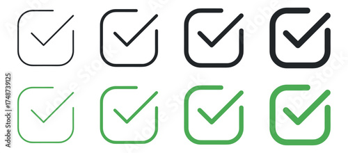 Green and black check mark icon. Check mark vector icon. Checkmark Illustration. Vector symbols set ,green checkmark isolated on white background. Correct vote choise isolated symbol.