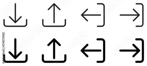 Download, exit, upload log in and log out lined black isolated illustration set for UI 