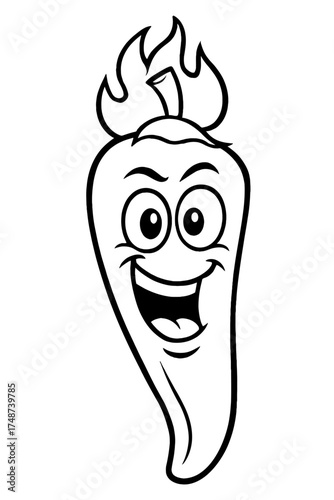 Happy Cartoon Chili Pepper with Flames - Hot and Spicy Mascot Line Art for Design and Coloring